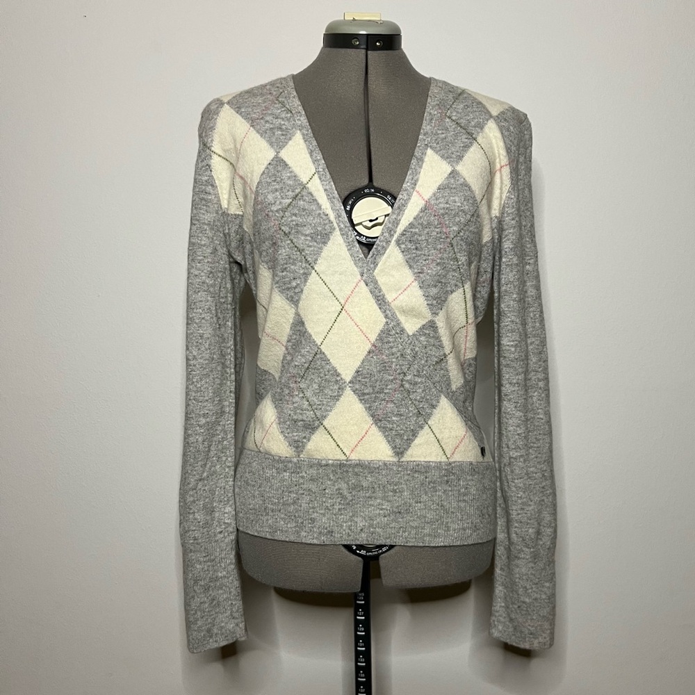 Esprit Preppy Angora Merino Wool Pink Grey Green Fixed Wrap Argyle Knit Sweater